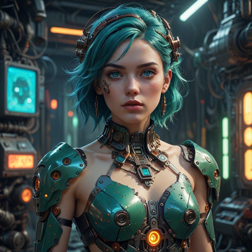 Confident Futuristic Cyborg in Vibrant Teal Hair with Emeral...