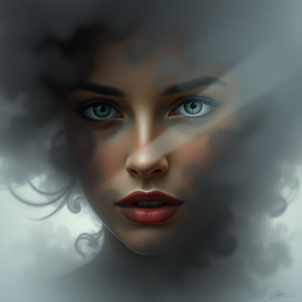 A charcoal and pastel portrait by Adda Barrios, where the face of a woman slowly emerges from beneath a sheer, ghostlike...