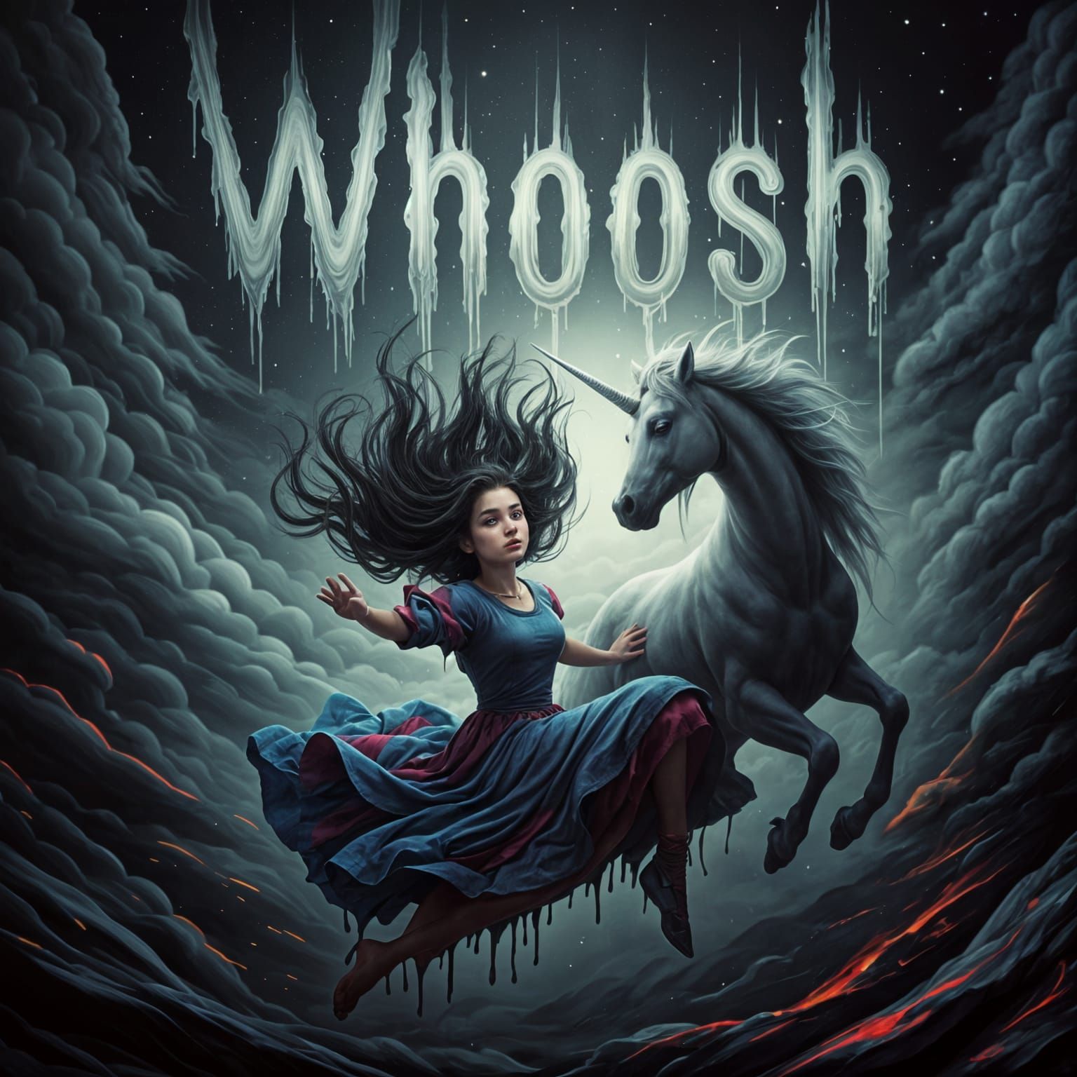 Girl and Unicorn Falling Through Foggy Sky