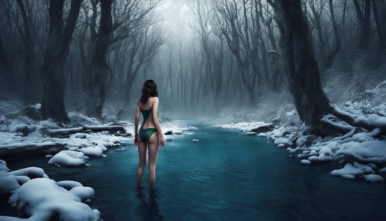 Brunette Woman in Snowy Forest Stream