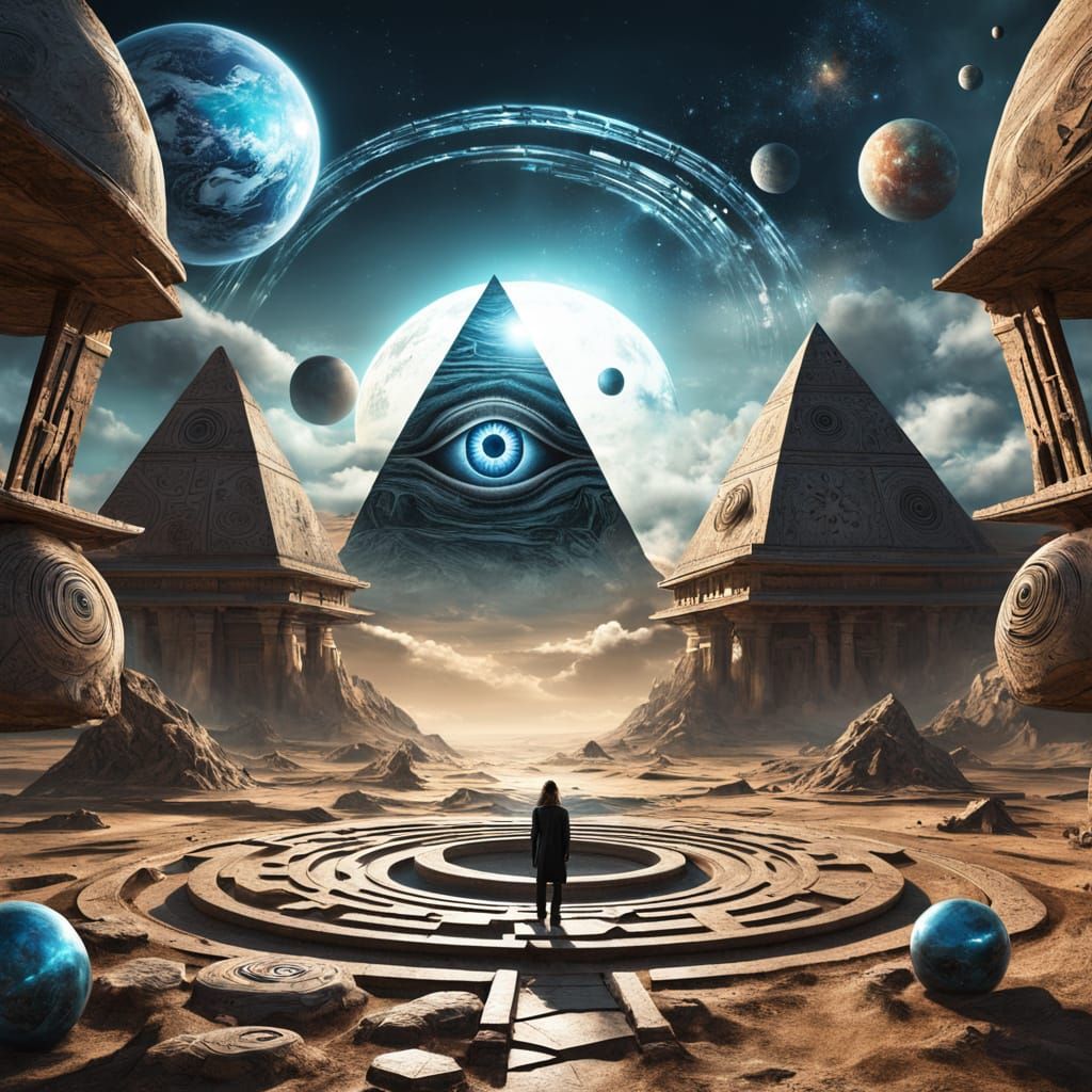 Epic Digital Art: Stone Hands Hold Pyramid & Eye on Alien Wo...
