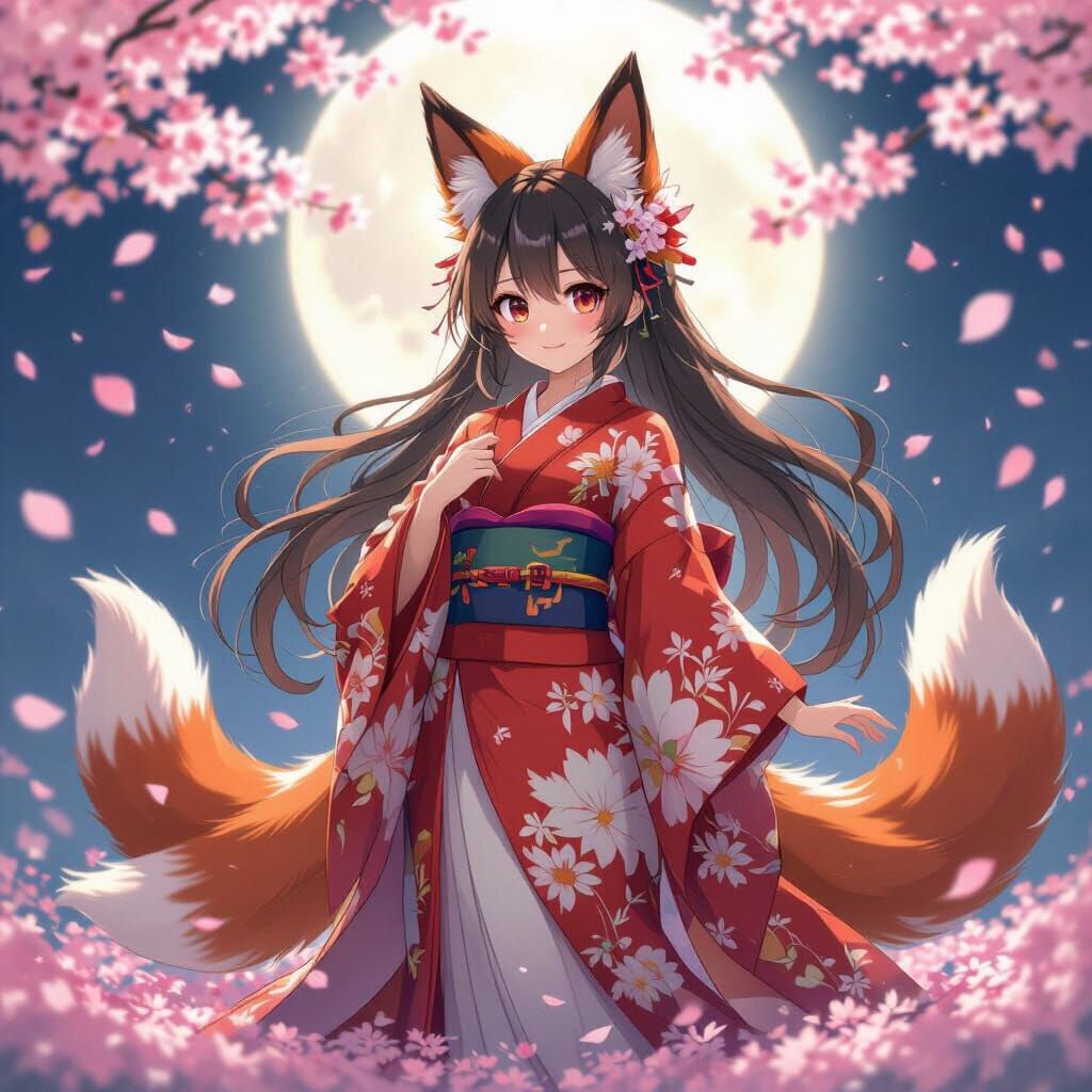 Anime Kitsune Character in Kimono Under Moonlight