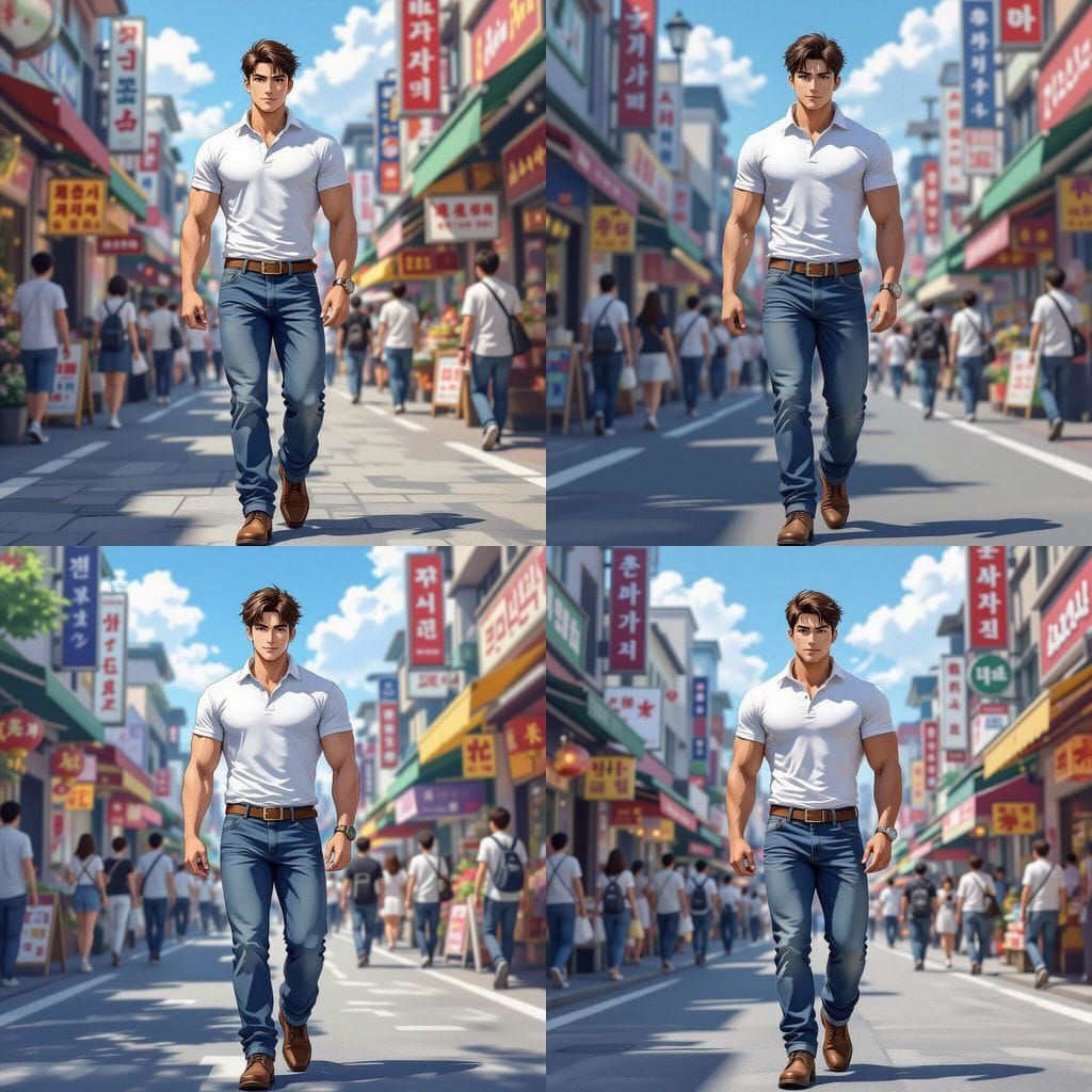 Handsome Muscular Man in Seoul Street Anime Style