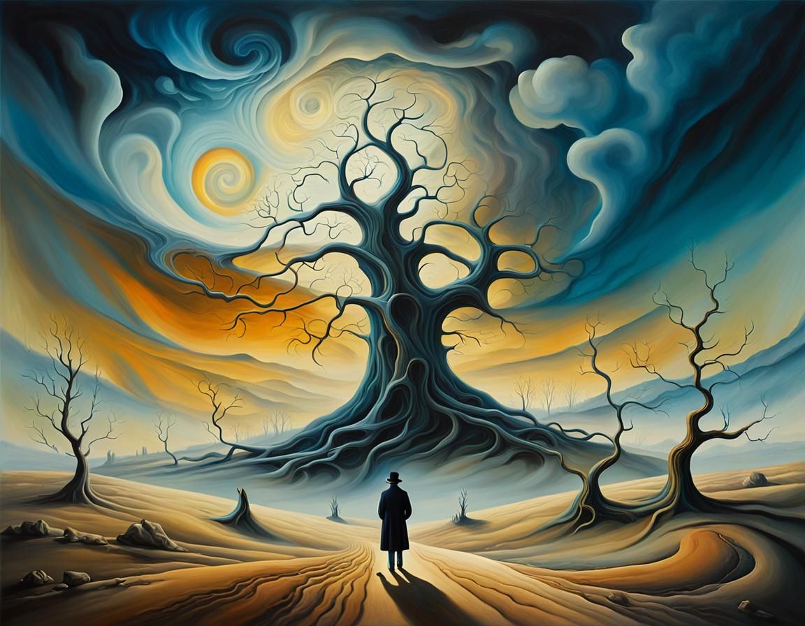 Surrealist Landscape with Lone Figure as Oil Painting
