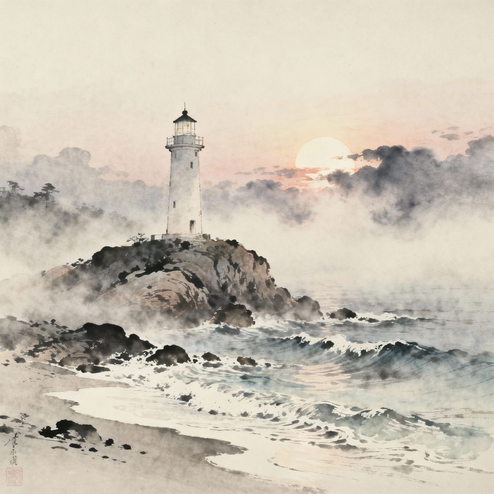 Misty Dawn Lighthouse on Rocky Outcrop in Watercolor Style