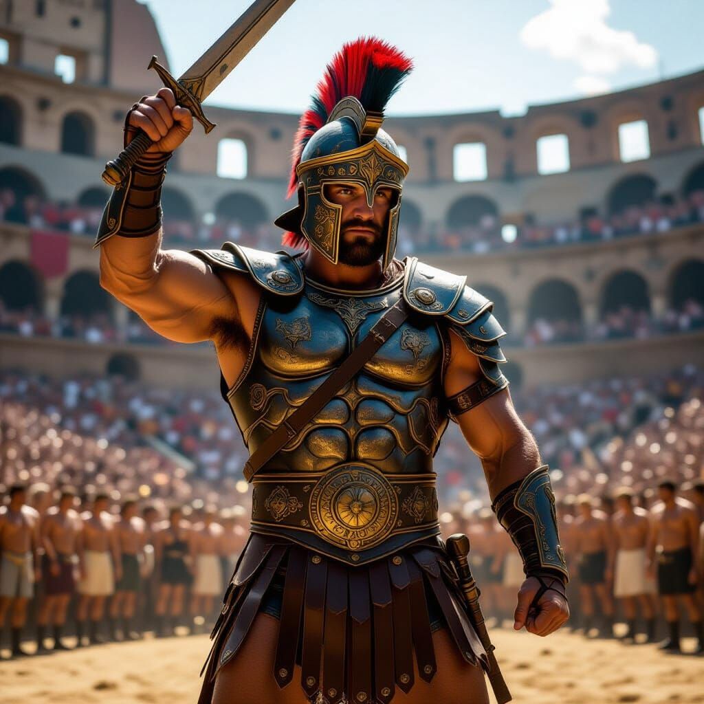 Victorious Gladiator in Colosseum with Dramatic Lighting