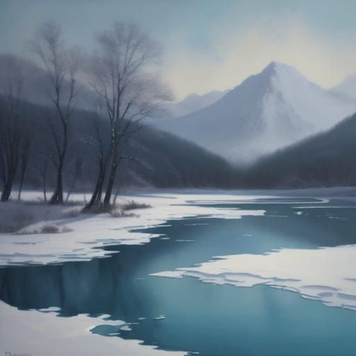 Impressionist Ice Fishing Scene in Vibrant Gouache