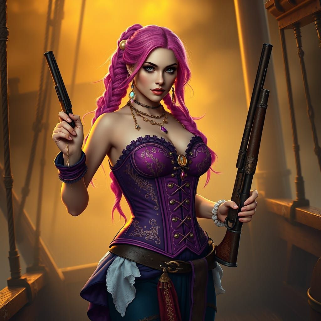 Vibrant Pirate Maiden with Golden Accents, Standing on Weath...