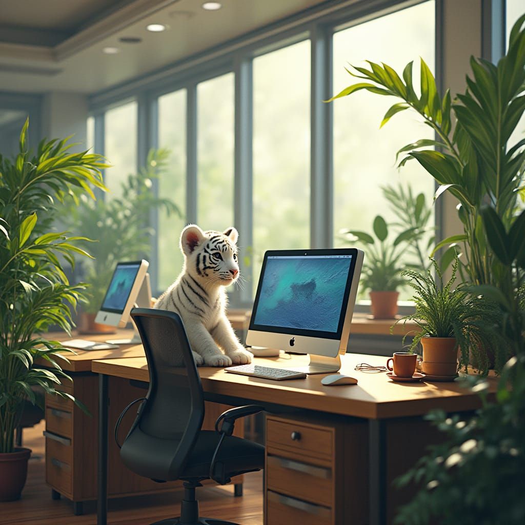 Futuristic Office with Tiger Cub, Whimsical Style