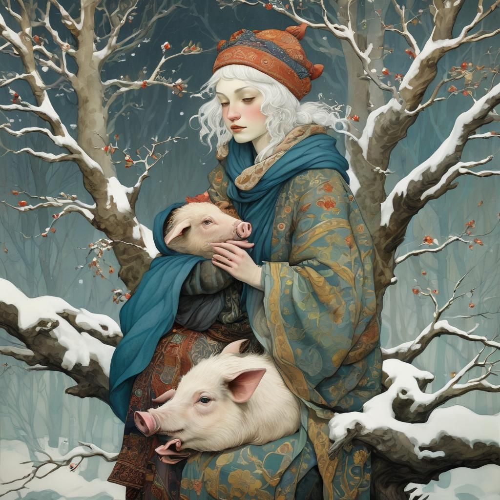 Bohemian Woman and Piglet in Winter Tree