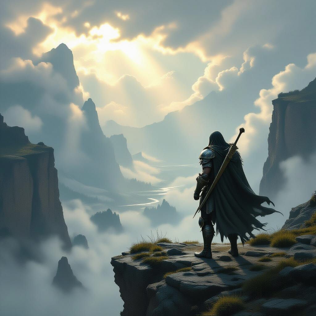 Warrior on Cliff Overlooking Misty Valley