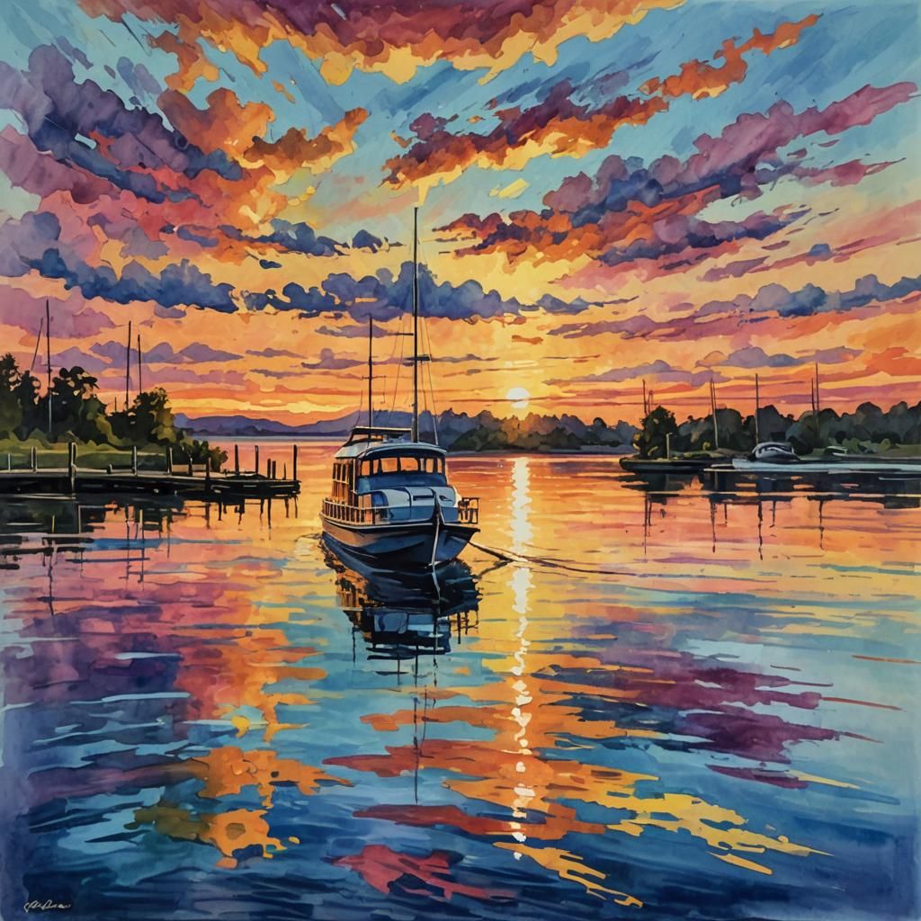 Pontoon Boat at Sunset in Gouache Style