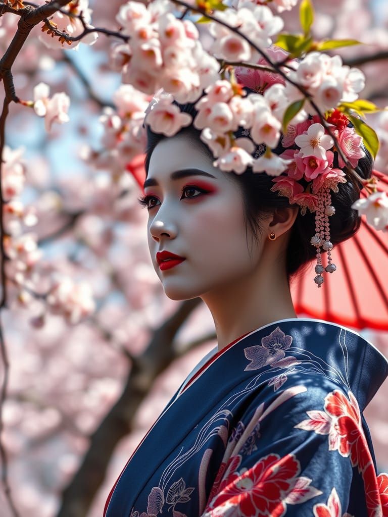Hyperrealistic Geisha Under Cherry Blossom Tree
