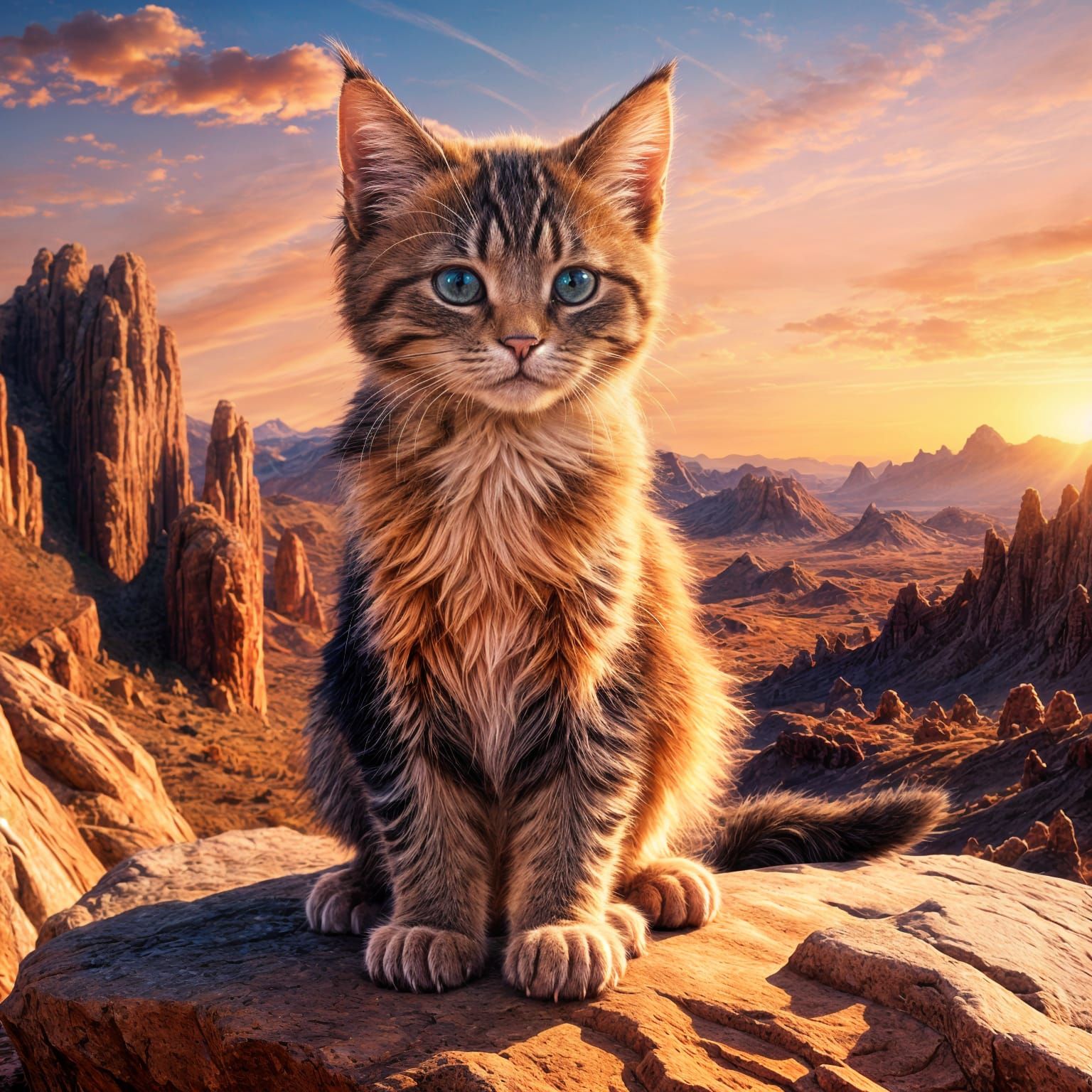 Grumpy Kitten at Desert Sunset: Digital Matte Painting