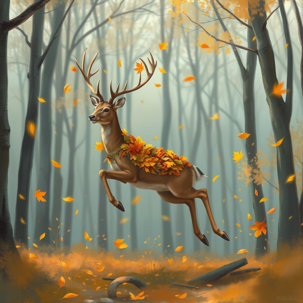 Autumn Leaf Deer Leaping Through Forest