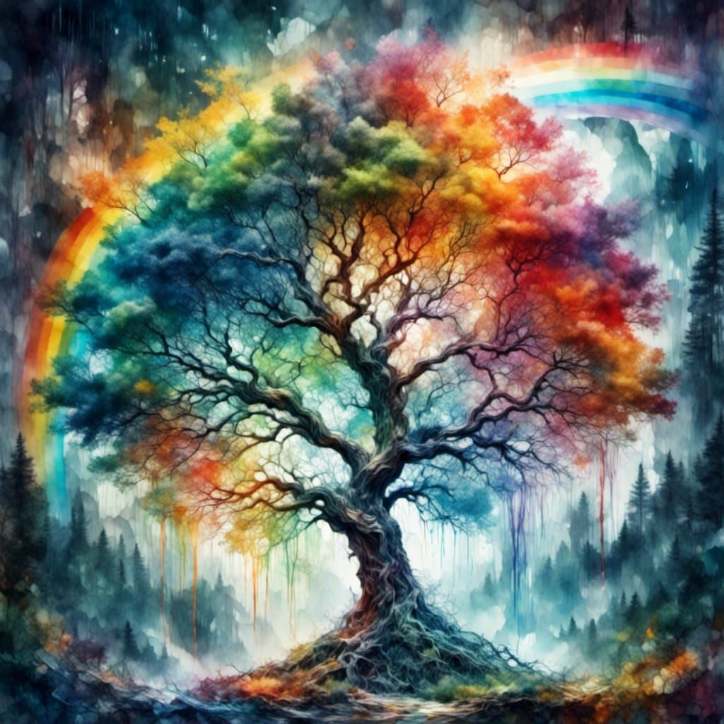 Rainbow Tree Double Exposure in Fantasy Forest