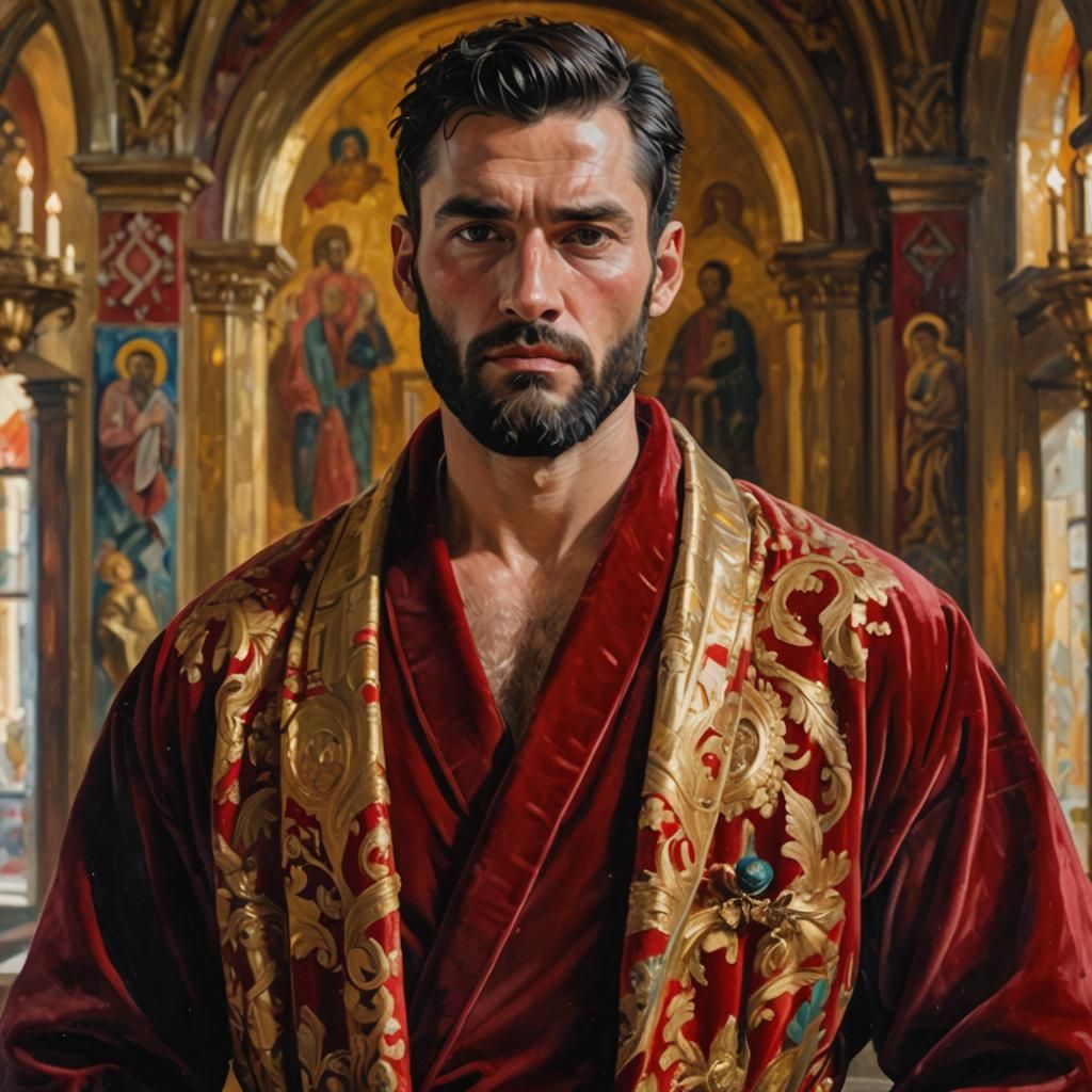 Elegant Man in Red Velvet Robe, Impressionist Style