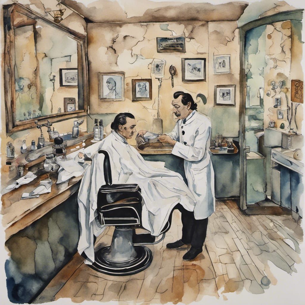 Salvador Dali as Barber in Watercolor Art Brut Style
