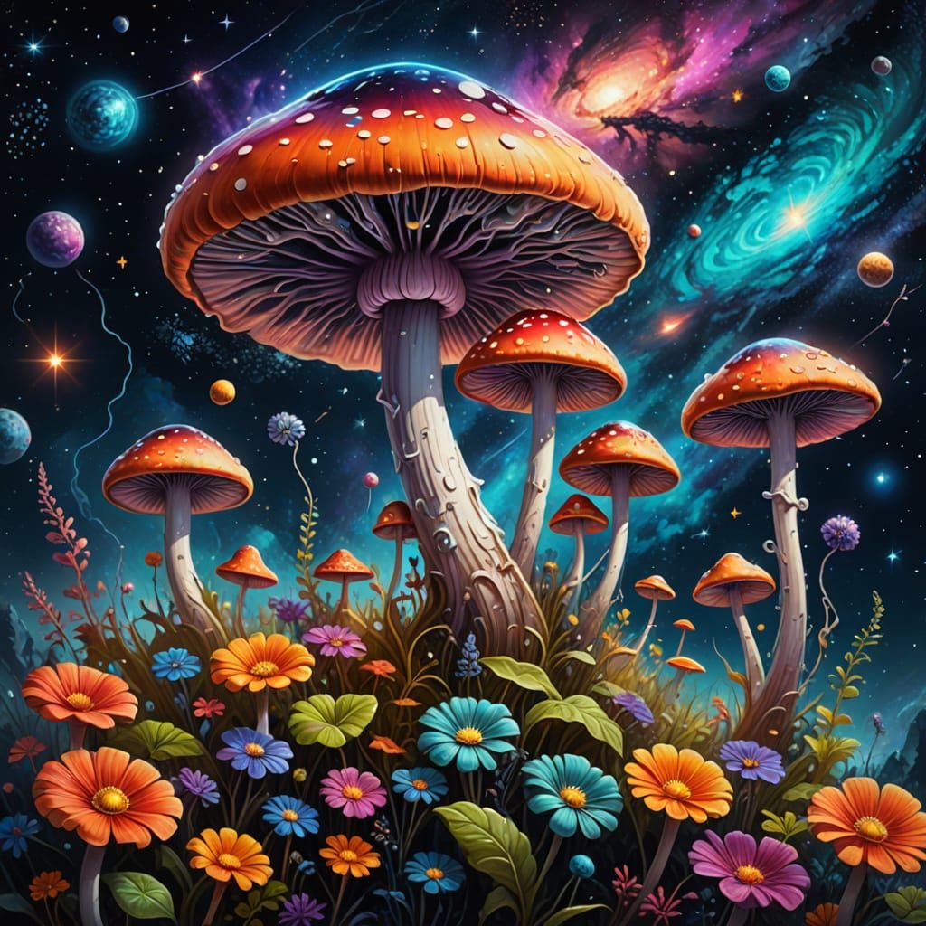 Dreamlike Galatic Mushroom Landscape in Vibrant Oil Painting...