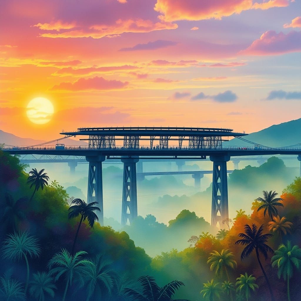 Surreal Watercolor Sunset Megastructure in the Rainforest