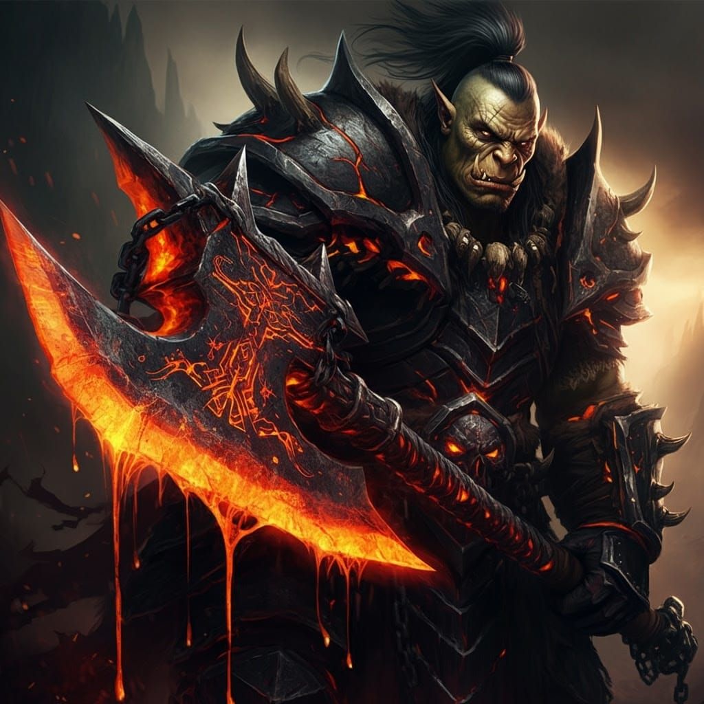 Gritty Orc Warrior Wields Smoldering Greataxe