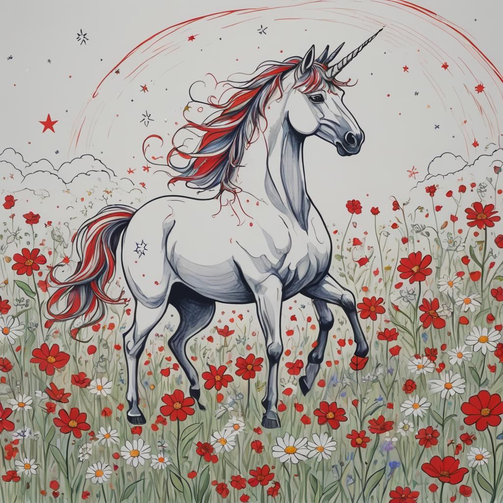 Red Contour Drawing of Unicorn in Meadow
