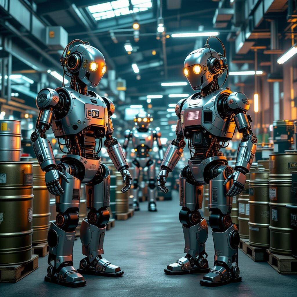 Cyberpunk Beer Keg Robots in Recycling Plant
