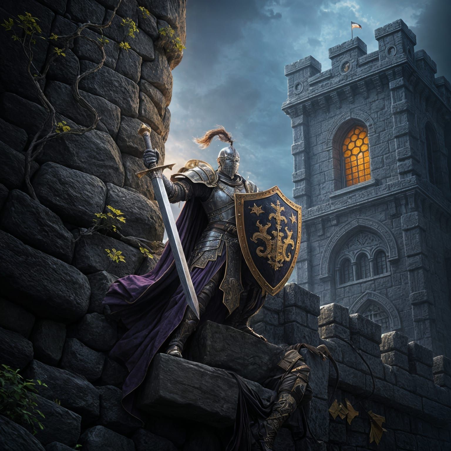 Epic Dark Fantasy Tapestry of Knight on Castle Wall