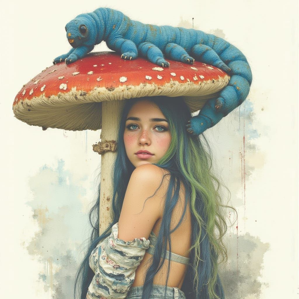 Woman with Green-Blue Hair by Giant Mushroom and Blue Caterp...