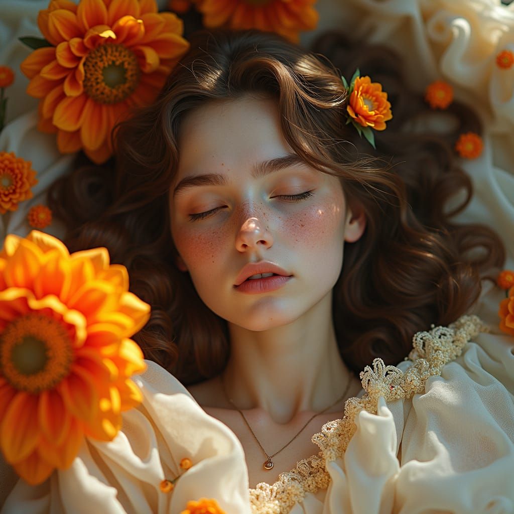 Girl Sleeping in Flowers, Ethereal Digital Painting