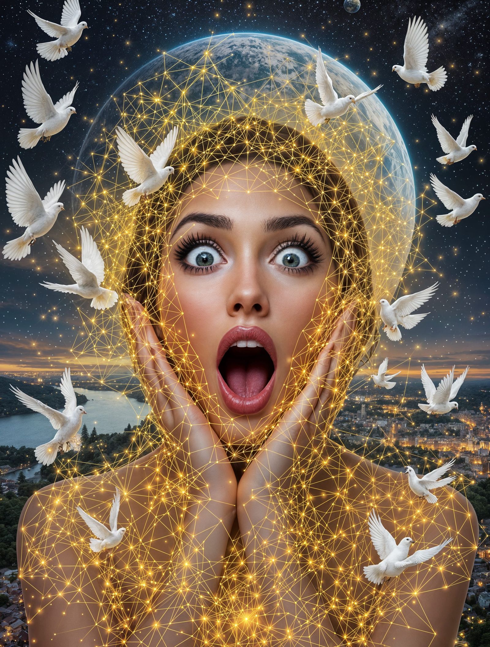 Surreal Goddess Embracing Cosmic Harmony