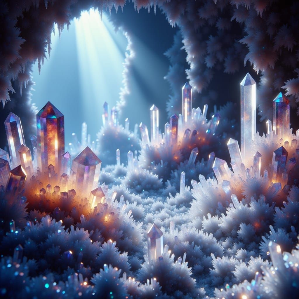 Glowing Crystal Cavern with Winter Blossoms