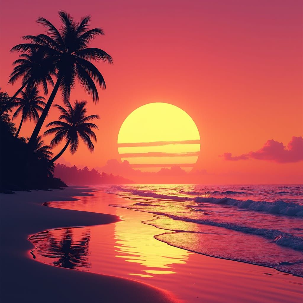 Surreal Sunset Beachscape in Neon-Tinted Synthwave Style