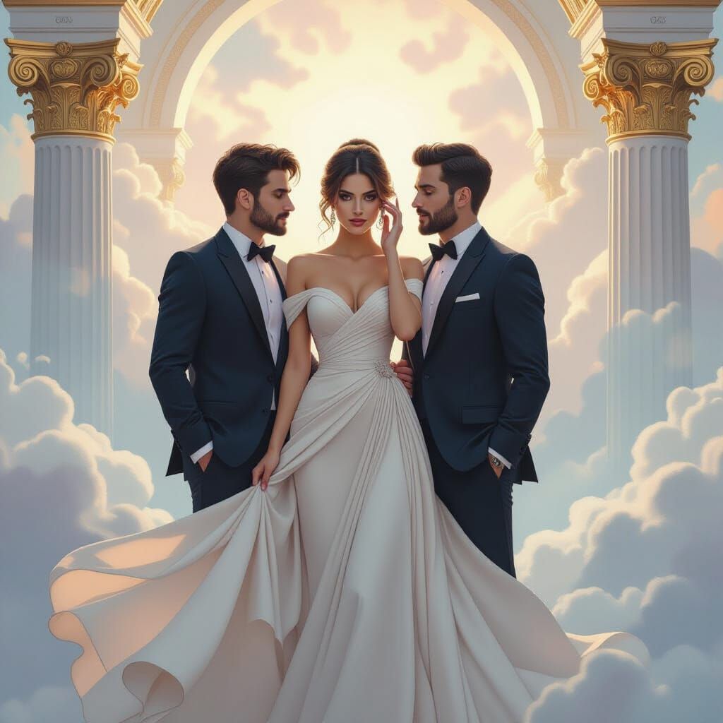Elegant Woman with Whispering Men in Mystical Setting