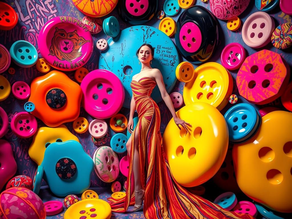 Surreal Pop Art Fashion Model in Neon Bright Button Wonderla...