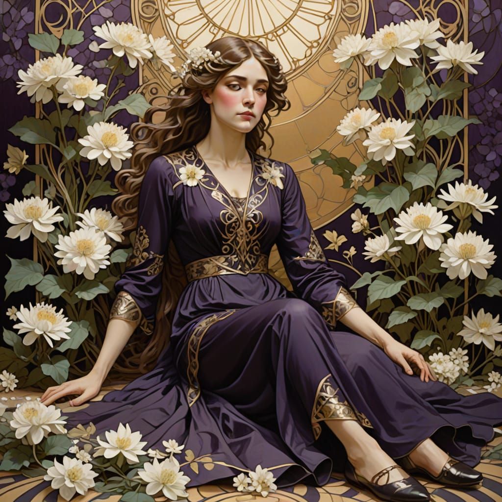 Art Nouveau Woman with Flowers in Golden Light