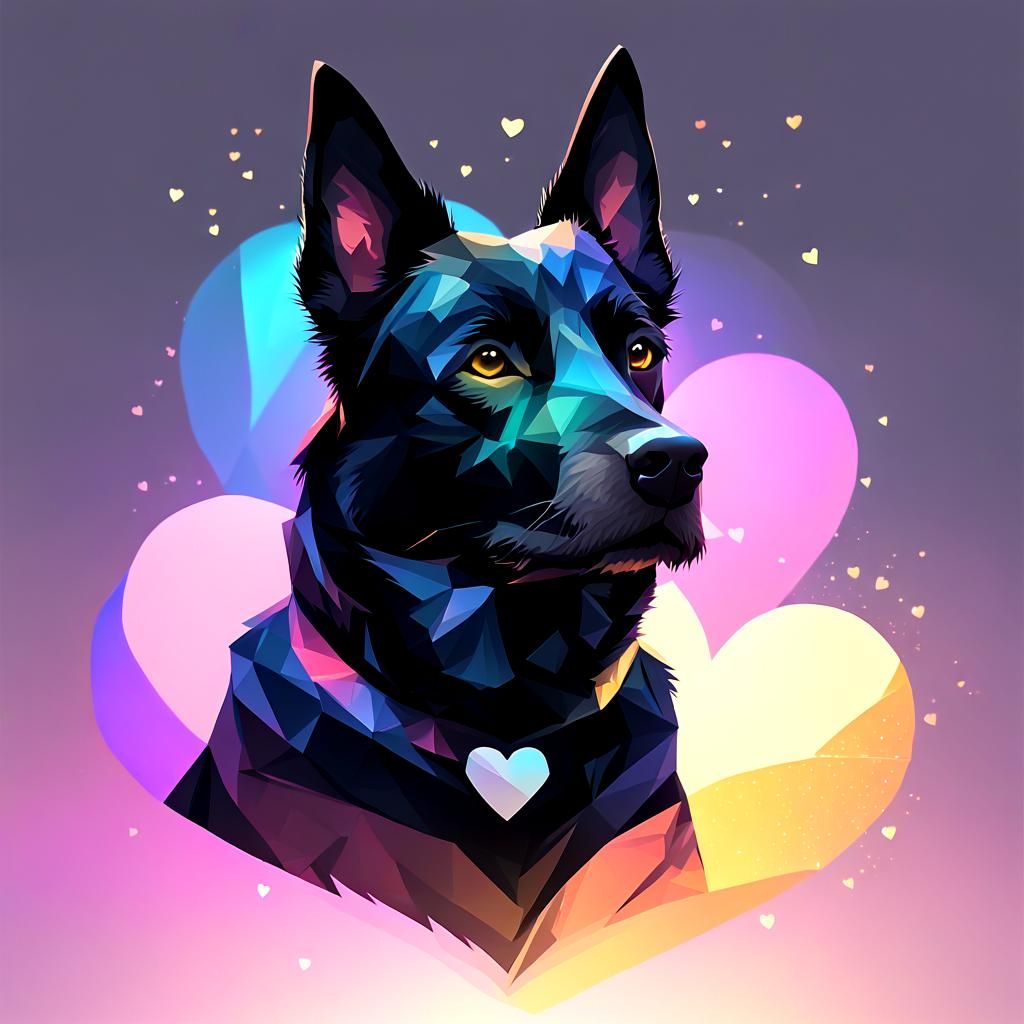 Black Dog Portrait with Glowing Heart in Low-Poly Art