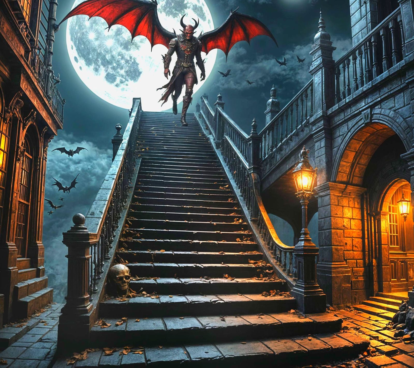 Steampunk Devils Descend Stairs in Horror Scene