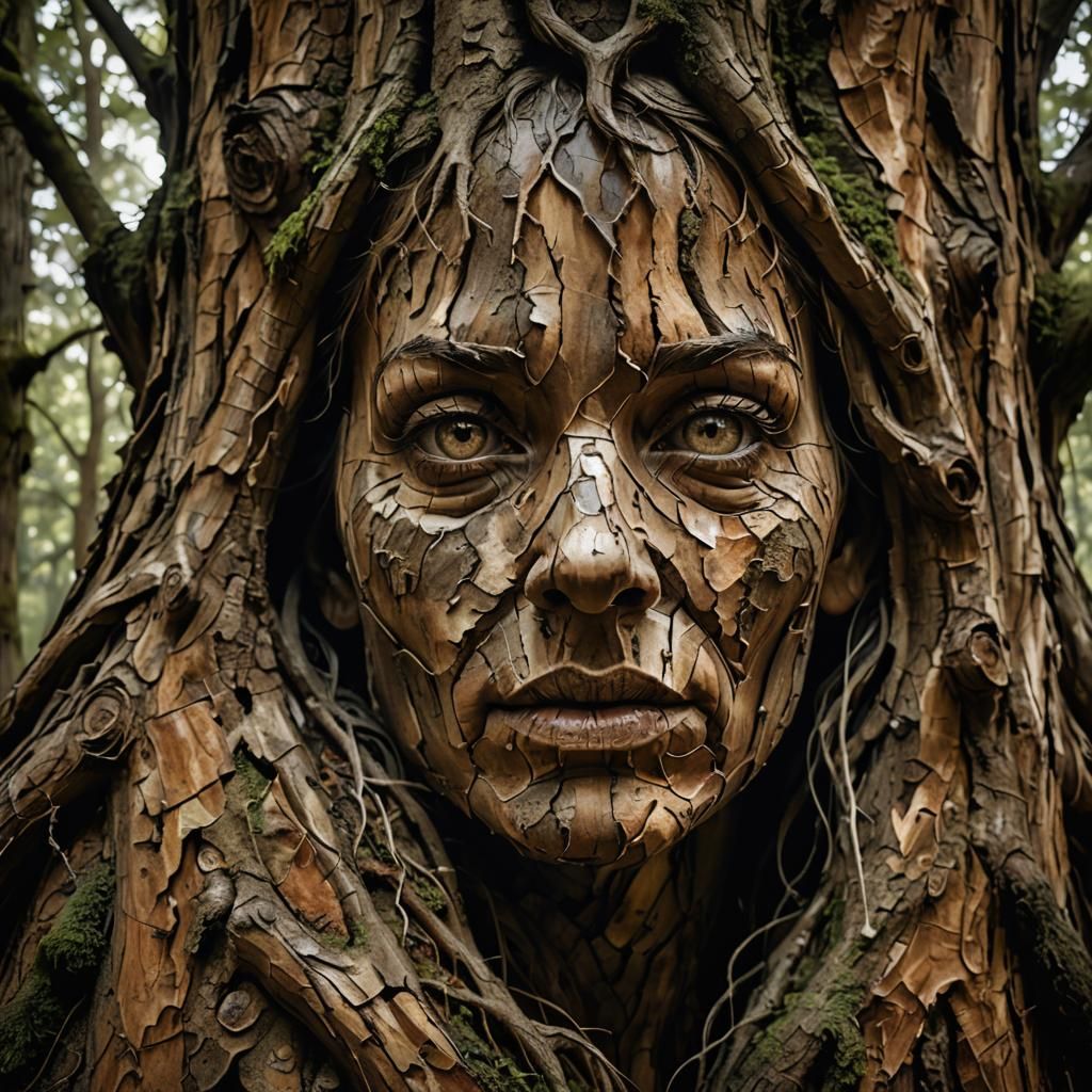Surreal Woman's Face in Tree Bark, Digital Art