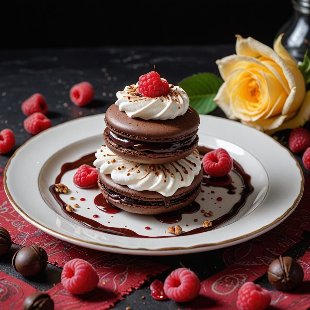 Decadent Chocolate Macaron with Raspberry Cream and Syrup