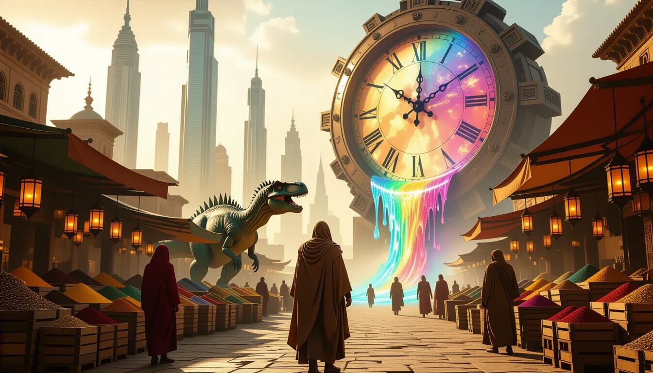 Surreal Marketplace: Dinosaurs, Skyscrapers, and Time Portal...