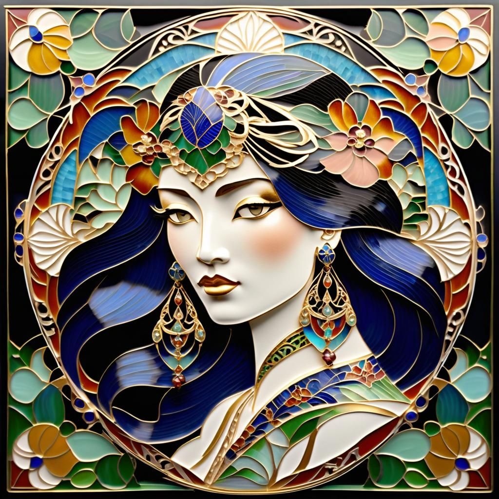 a beautiful woman, 2d, Cloisonne, filigree gold accents, Intricate, gold and gems, Bold colors, Art nouveau, Cloisonne, ...