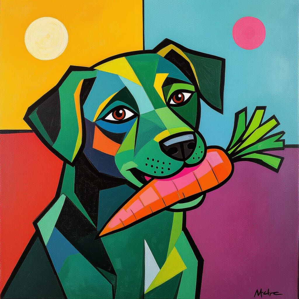 Abstract Green Dog Eats Pink Carrot With Bold Strokes