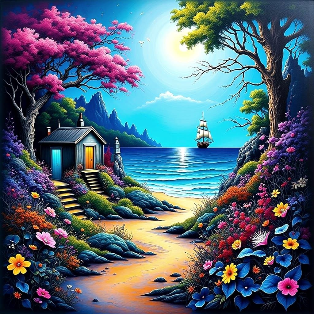 Dreamy Beachside Garden with Sailing Ship