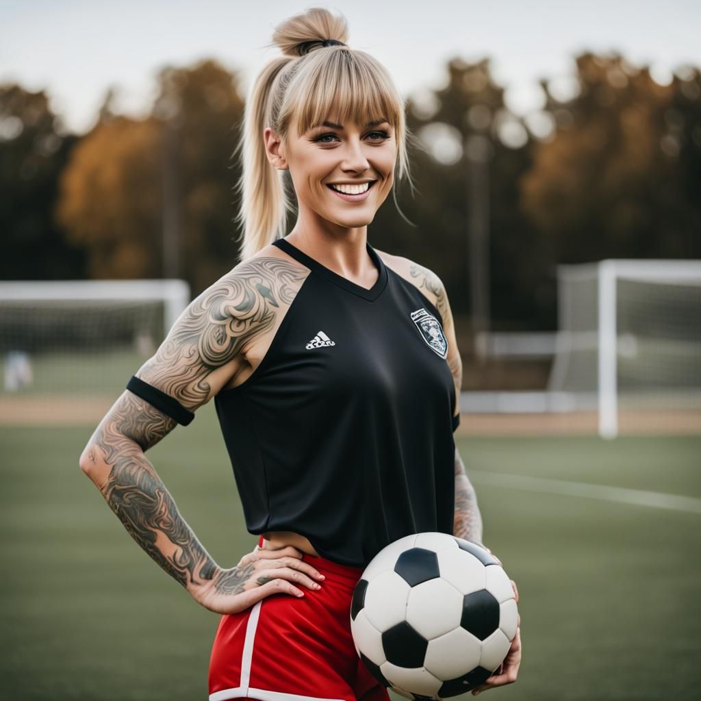 Smiling Tattooed Soccer Player with Blond Ponytail