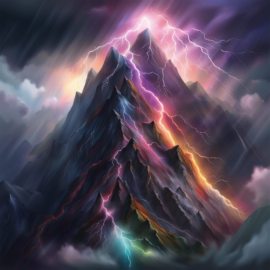 Stormy Mountain Landscape with Lightning, Hyperrealistic Spl...
