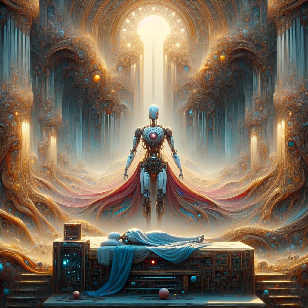 AI Awakening in Fantastical World: Detailed Matte Painting