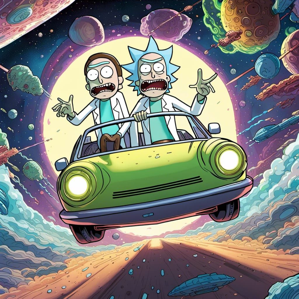 Rick and Morty in Flying Car: Hyperrealistic Comic Art