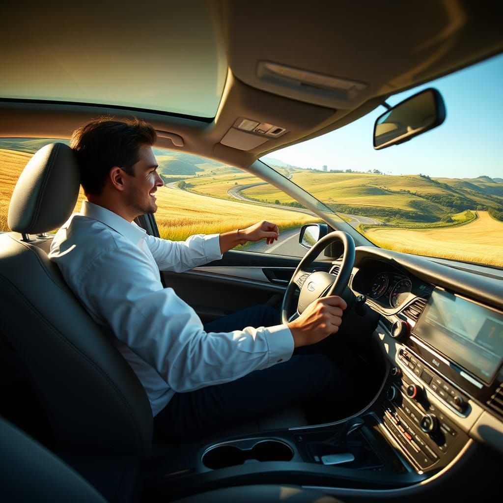 Man Driving to Work on Country Road