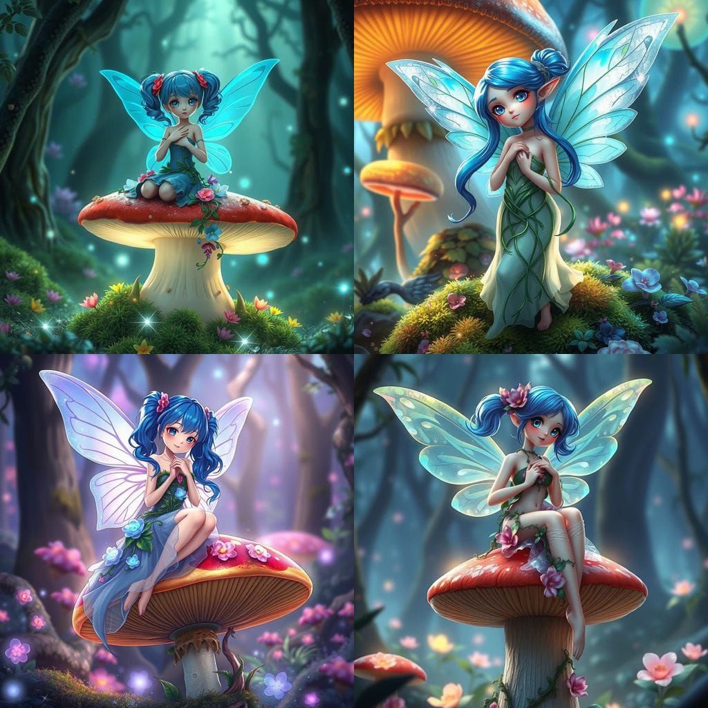 Anime Pixie in Bioluminescent Forest, Digital Art